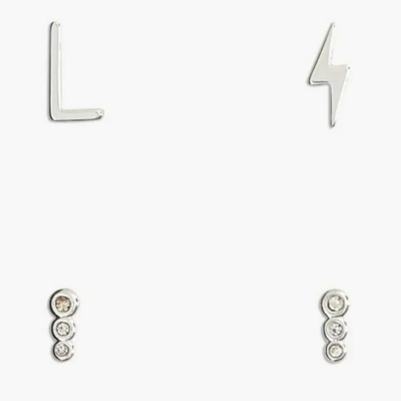 Lucky Brand Earrings thunderbolt Letter L circular studs Silver toned New - Picture 2 of 8